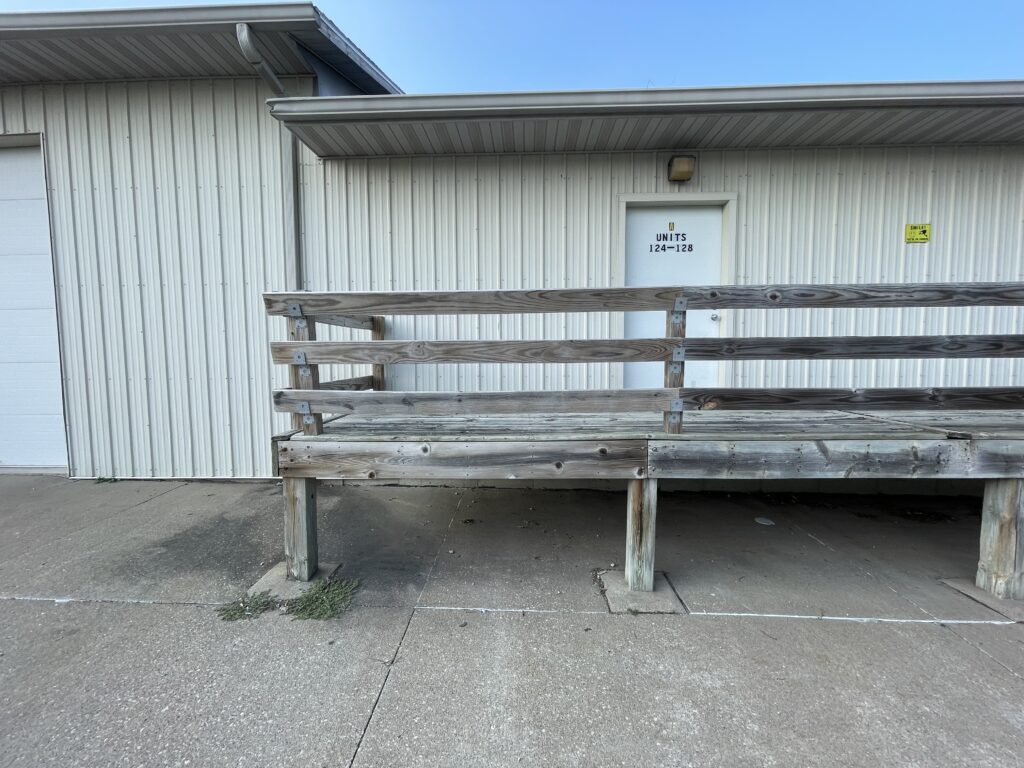Front removable deck railing for loading dock for climate-controlled storage units at Davenport Storage Center in Davenport, Iowa