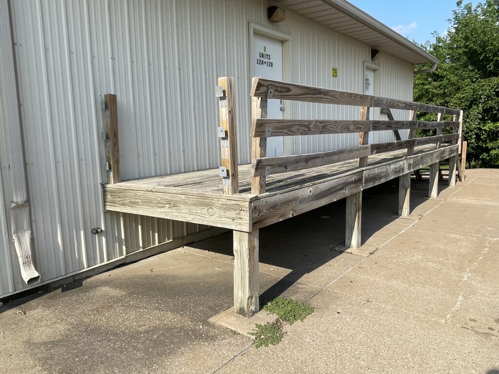 Removable deck railing for loading dock for climate-controlled storage units at Davenport Storage Center in Davenport, Iowa